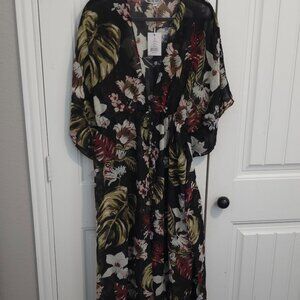 Walter Baker Tulum Caftan Black Floral Swim Coverup Kimono One Size